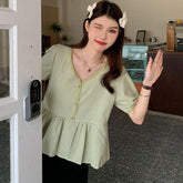 Short Sleeve Cute Plaid V-Neck Blouse Shirt